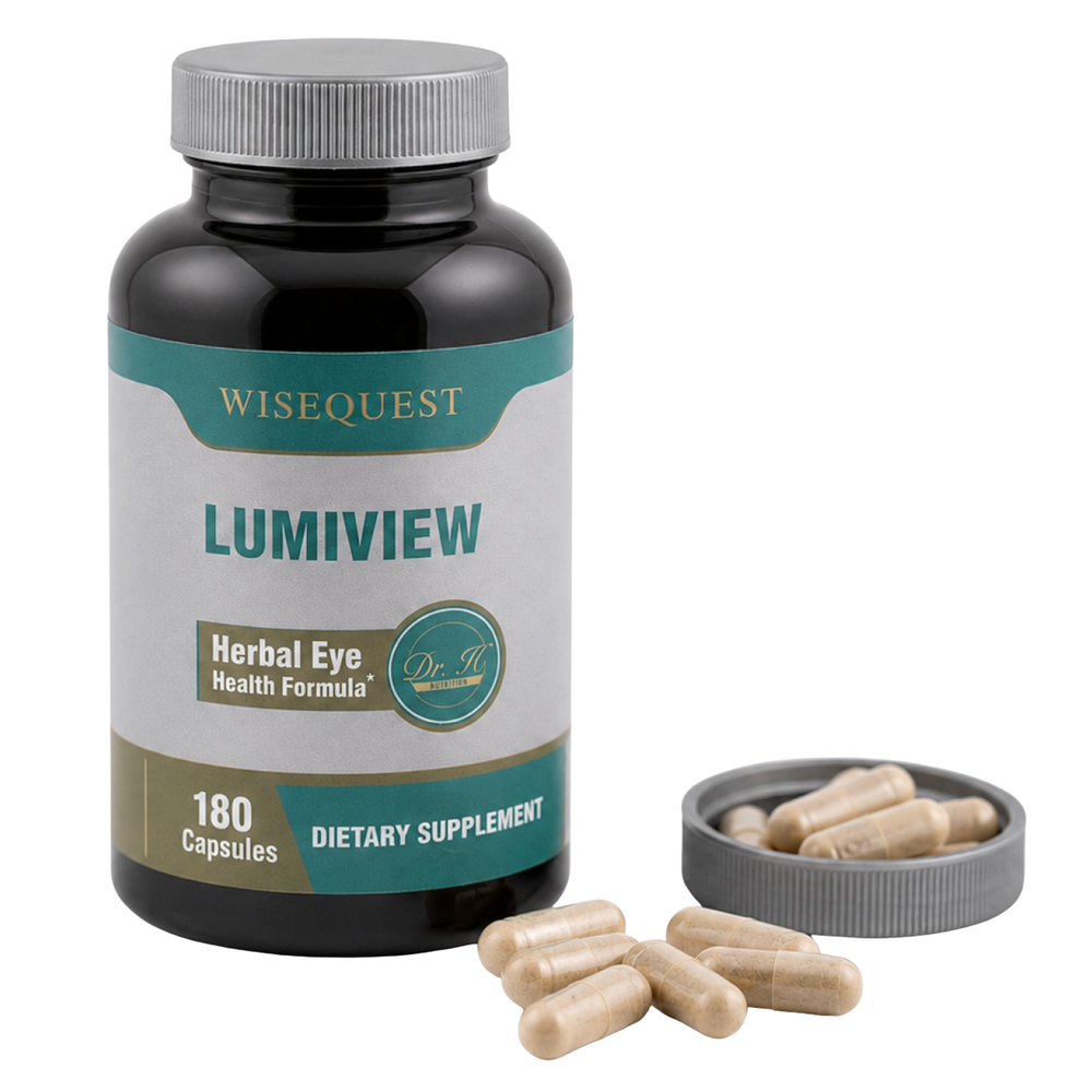WiseQuest LUMIVIEW bottle front — daily eye health capsules with 7 botanicals